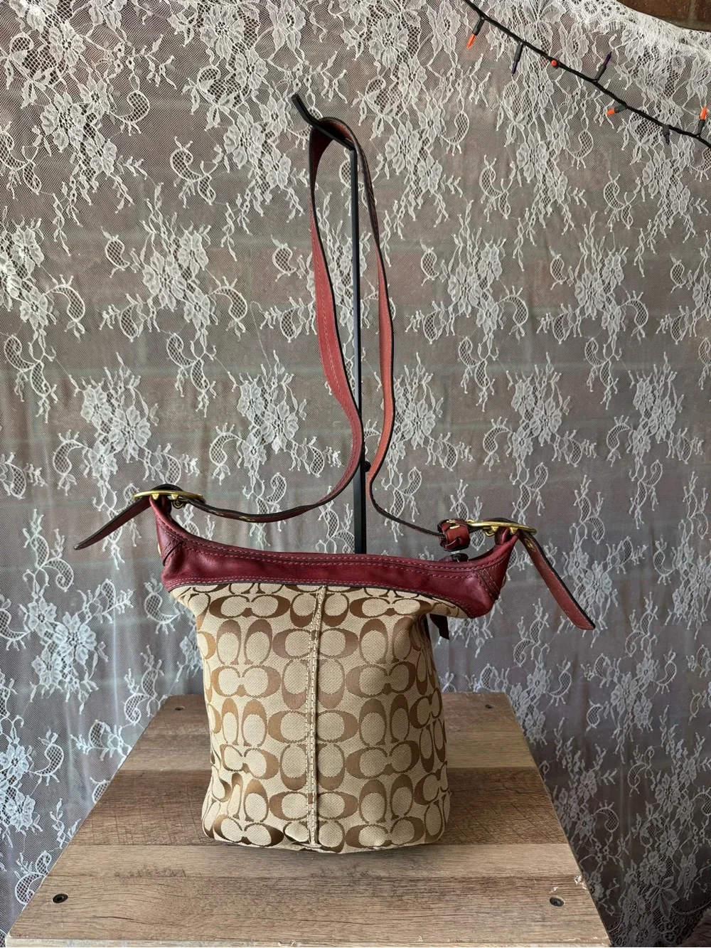 Coach Signature Canvas Bucket Bag with Burgundy Leather Trim